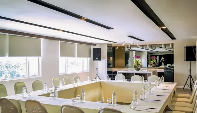 Bright meeting room arranged for a workshop