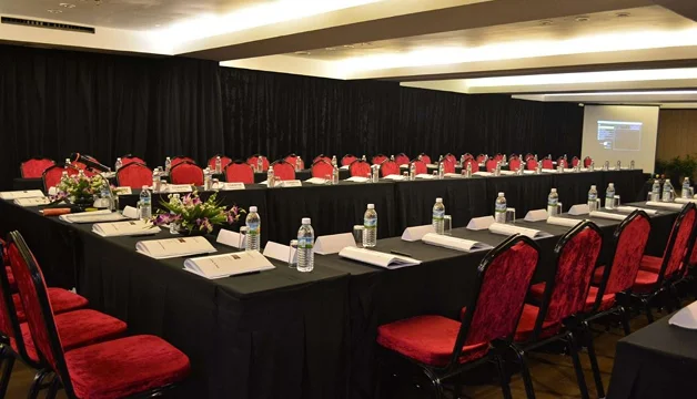 Conference room arranged for a corporate meeting