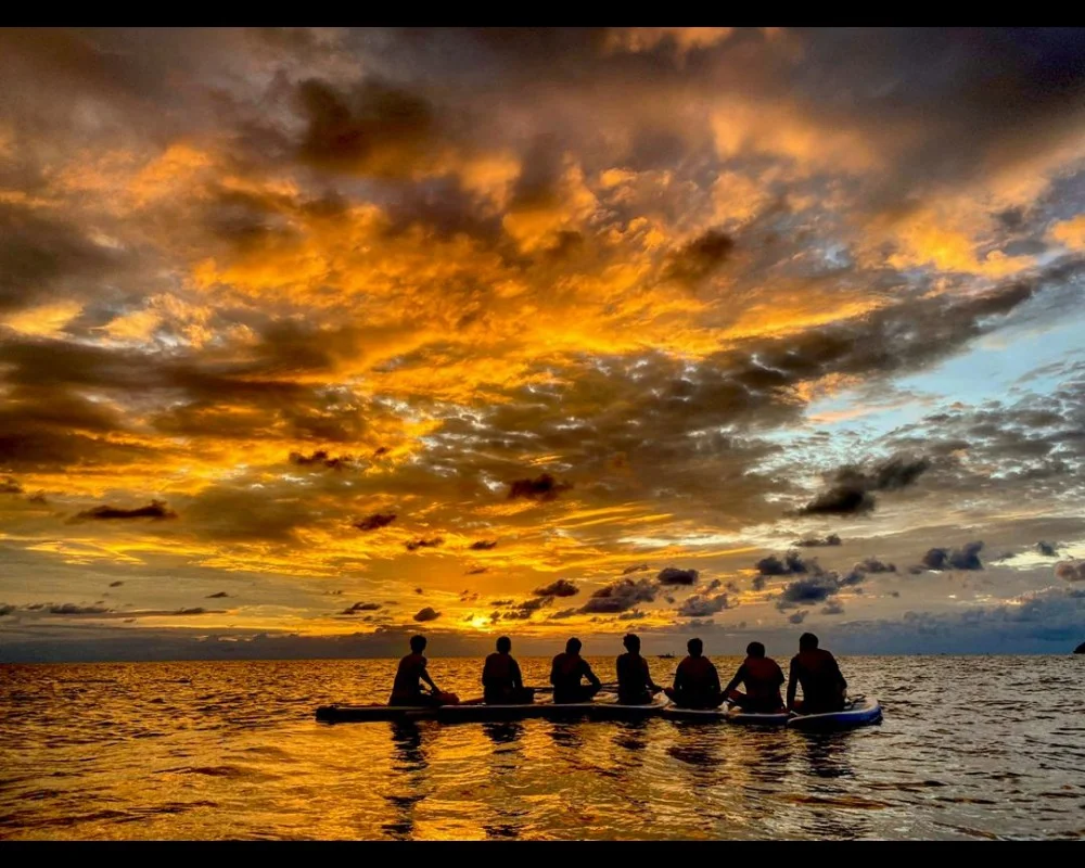 Group paddling at sunset