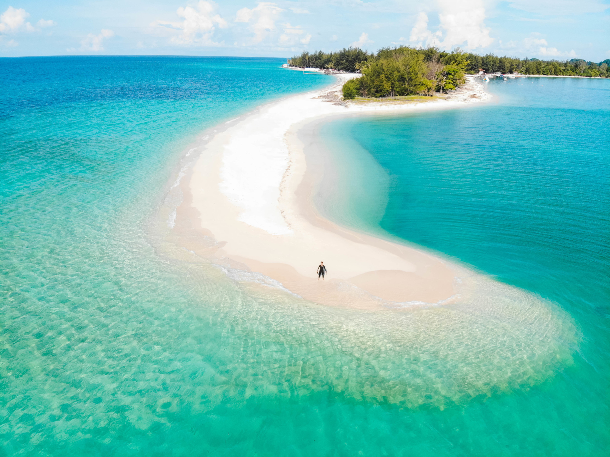 Aerial view of a white sandbar island